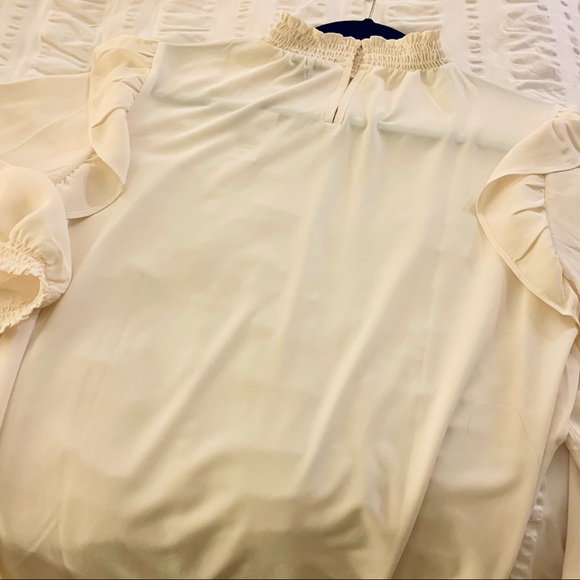 Ann Taylor LOFT Smocked Mock Neck Ruffle Long Sleeve Blouse White Ivory Small - Picture 8 of 9